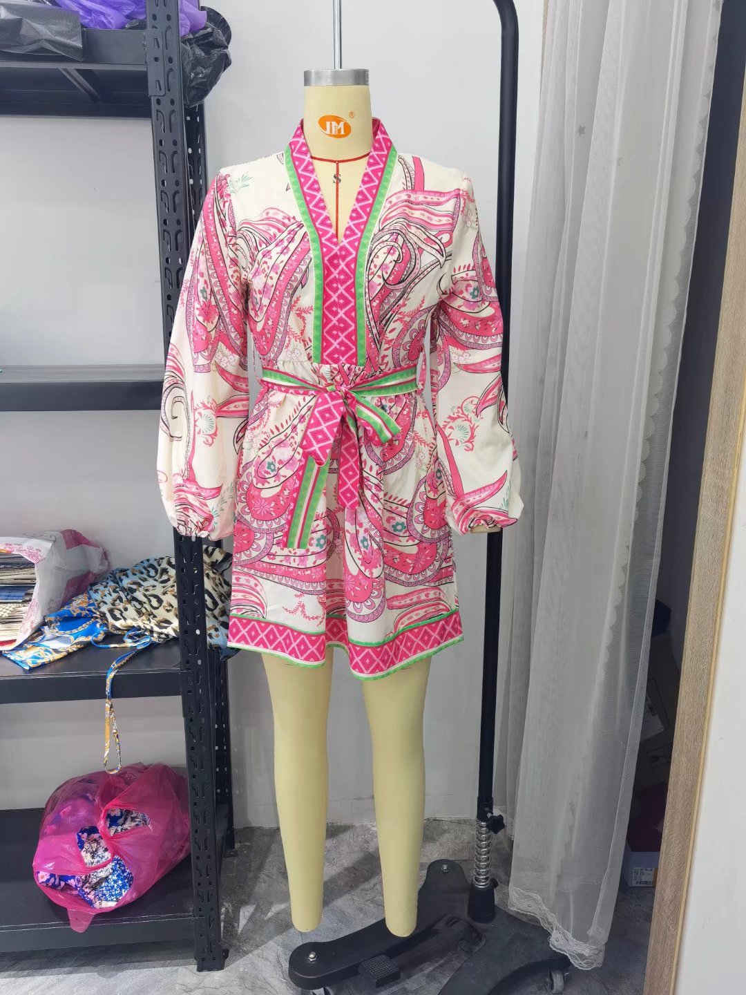 Floral Paisley Belted V-Neck Mini Dress