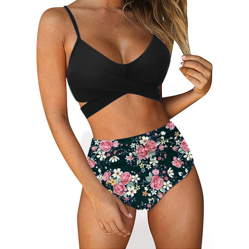 Women's Black Floral High-Waist Bikini Set