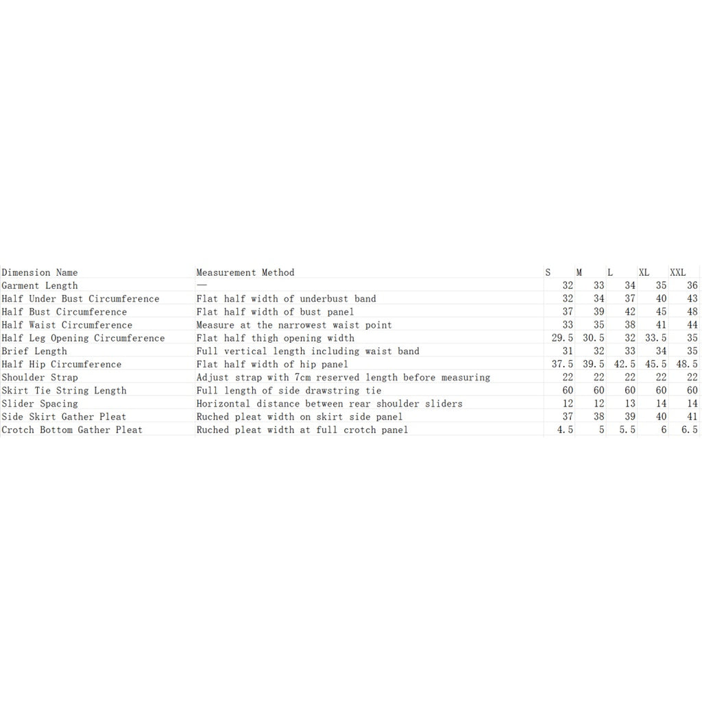 Size chart with garment measurements for S to XXL