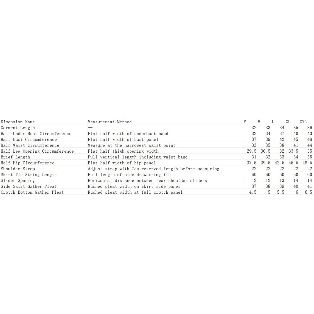 Size chart with garment measurements for S to XXL