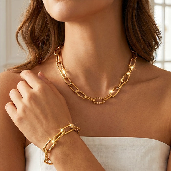2-piece 18K gold-color paperclip necklace and bracelet set