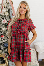 Women's Red Plaid Knot-Neck Shift Mini Dress