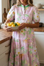Pink Floral Puff-Sleeve Tiered Maxi Dress