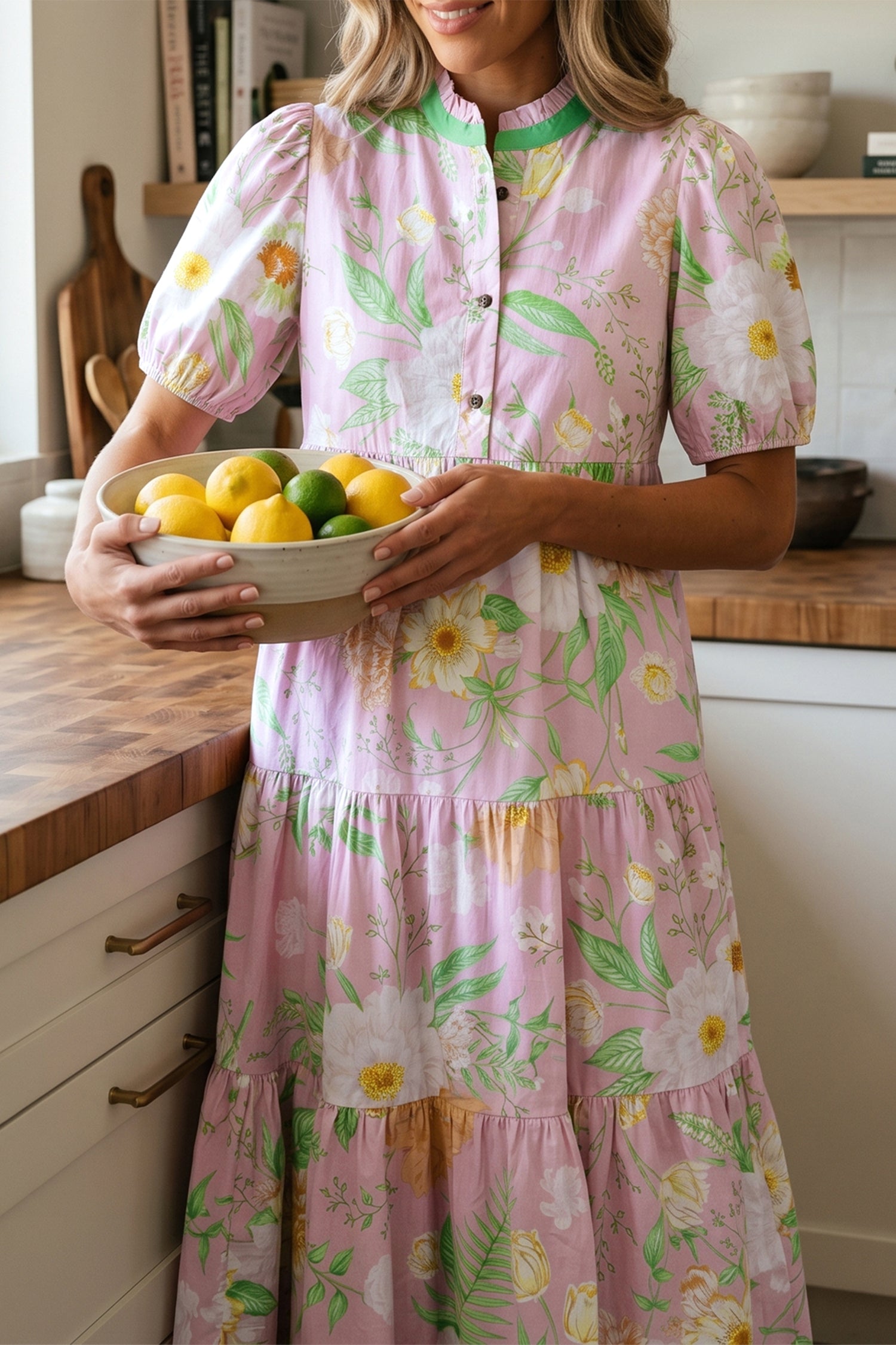 Pink Floral Puff-Sleeve Tiered Maxi Dress