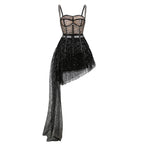 Black halter sequin dress with mesh corset bodice and layered tulle skirt