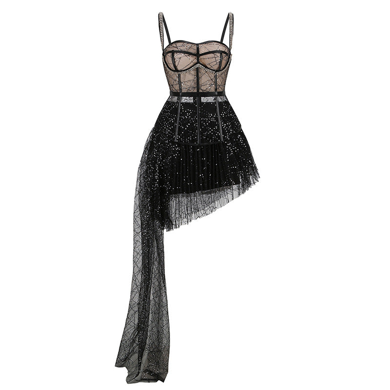 Black halter sequin dress with mesh corset bodice and layered tulle skirt