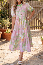 Pink Floral Puff-Sleeve Tiered Maxi Dress