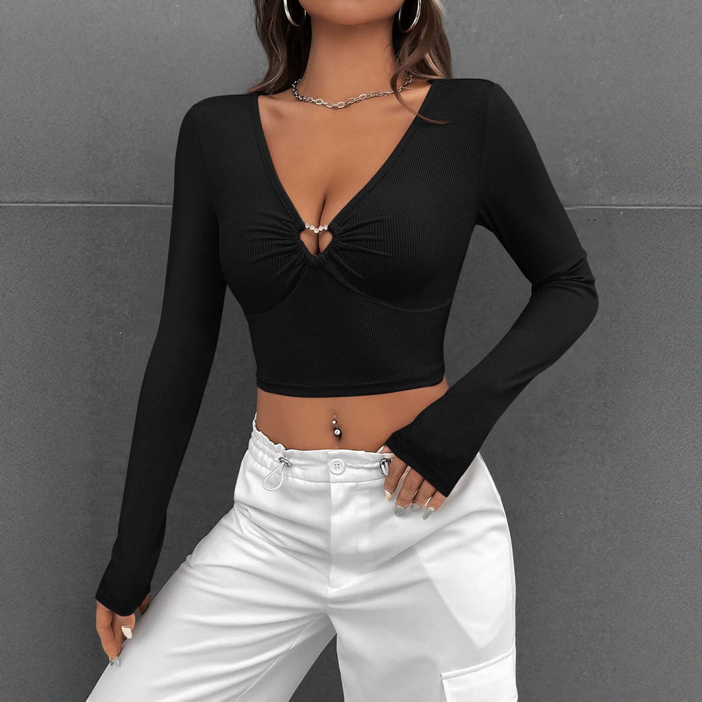 Women Clothing Black V neck Hollow Out CO out Long Sleeved