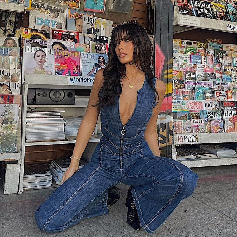 Summer Slim Fit Slim-Fit Fashionable Backless Retro High Waist Denim Jumpsuit