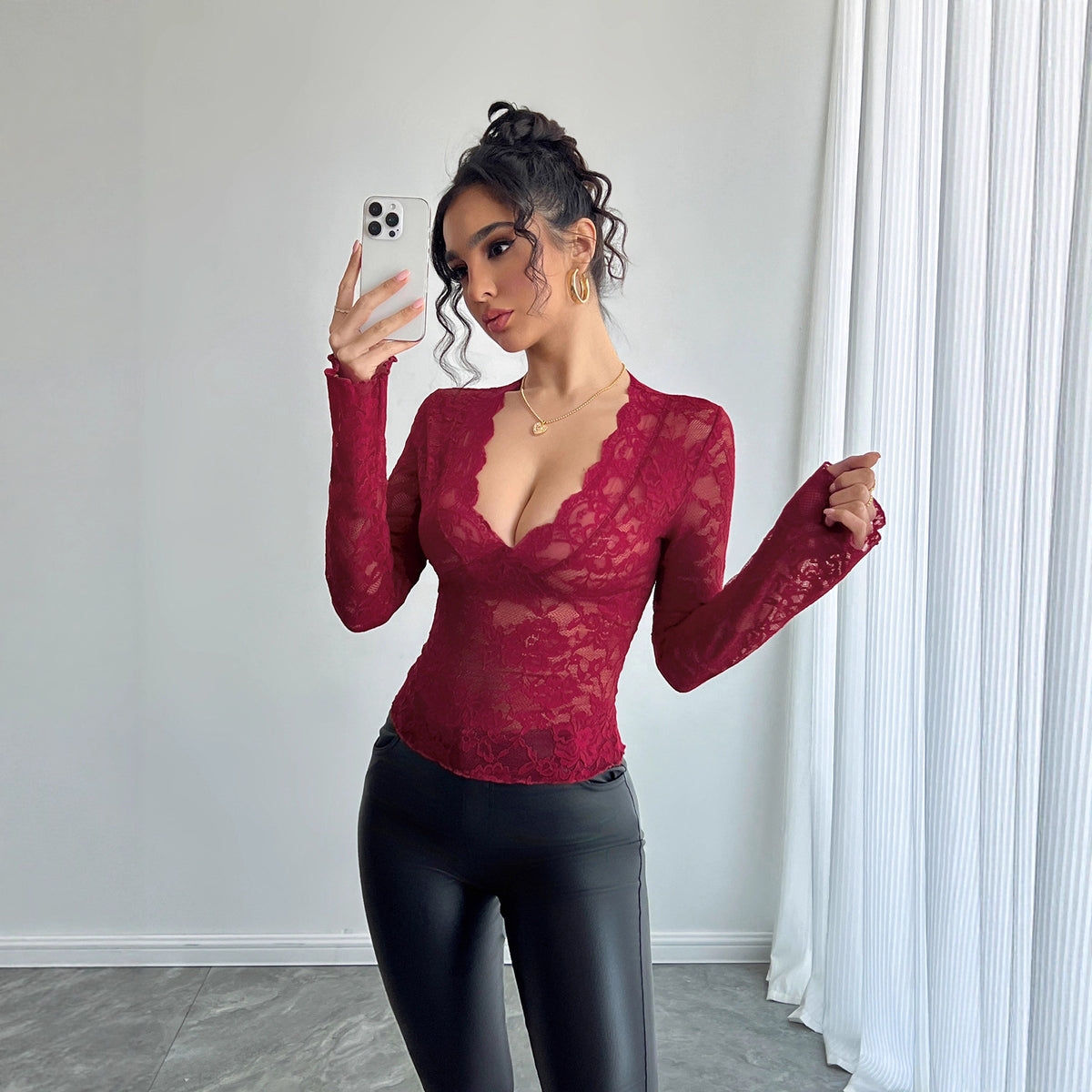 Solid Lace V-Neck Long-Sleeve Top