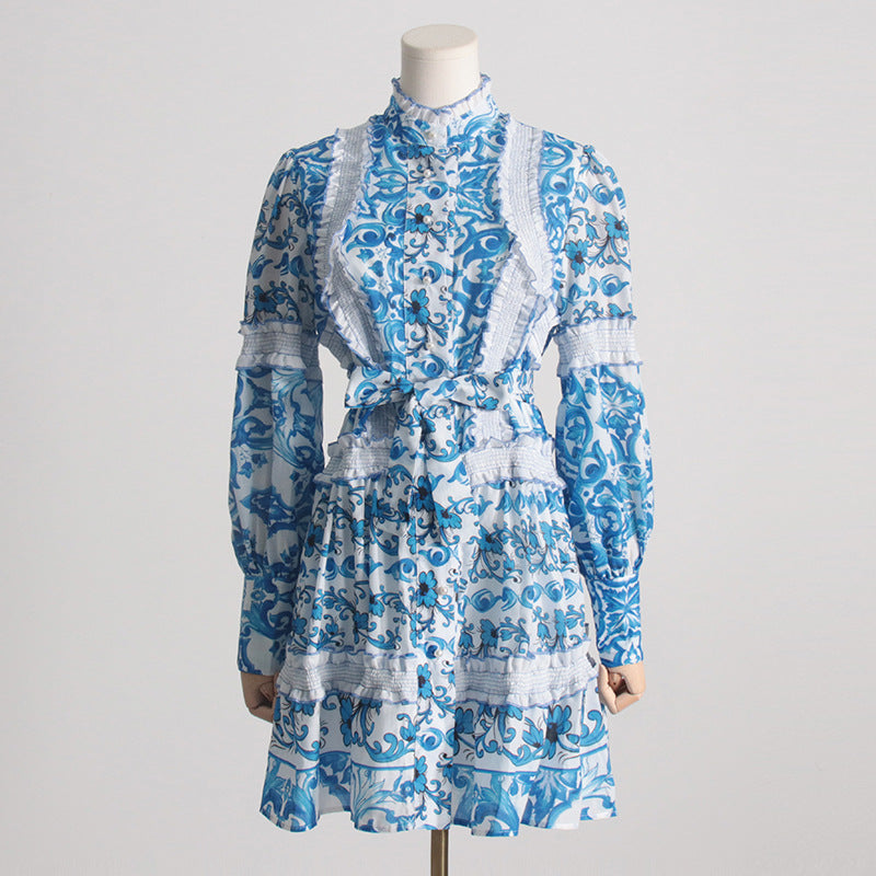 Women's Spring Summer French Stand-Up Collar Lace Lace Up Waist Controlled Slimming Lantern Sleeves Dress Stitching Short Dress