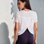 Sports Yoga Blouse Quick Drying Loose Back Overlapping Short Sleeved T shirt Training Sports