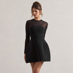 Women Clothing Autumn Mesh Stitching Exposed Waist Tight Elegant Short