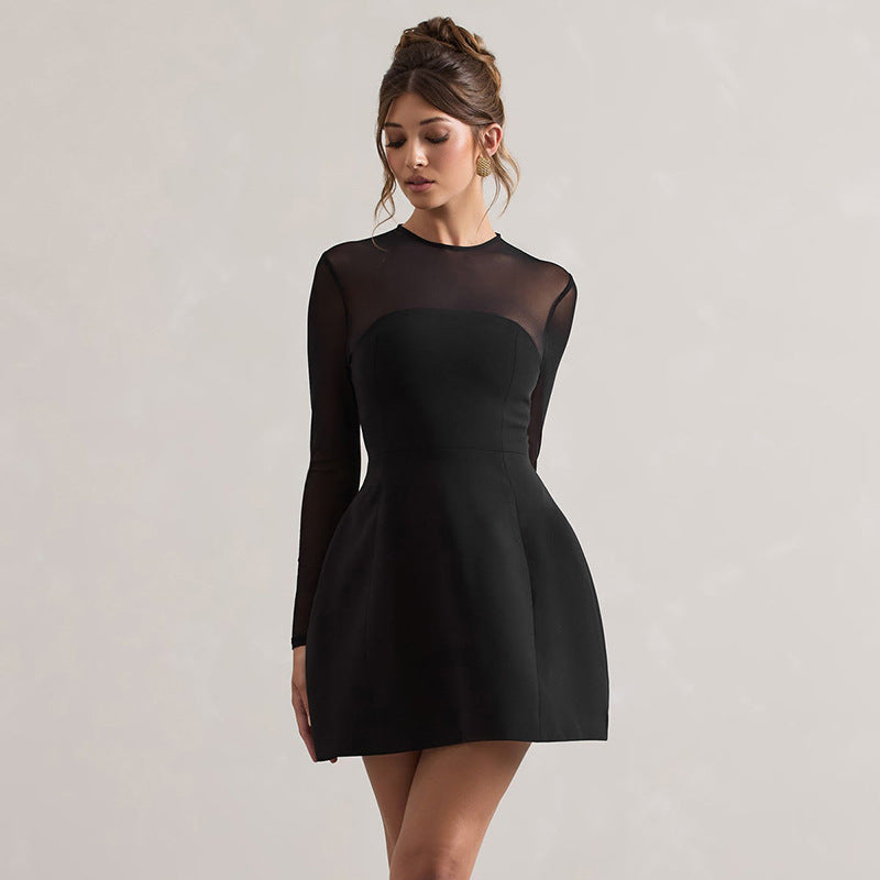 Women Clothing Autumn Mesh Stitching Exposed Waist Tight Elegant Short