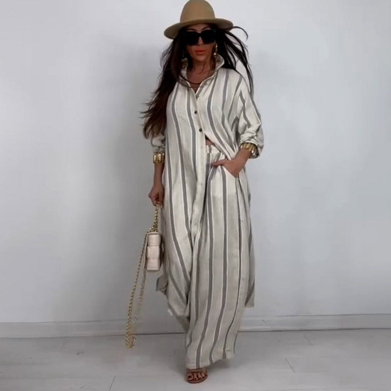 Printed V-Neck Top & Wide-Leg Pants Two-Piece Set
