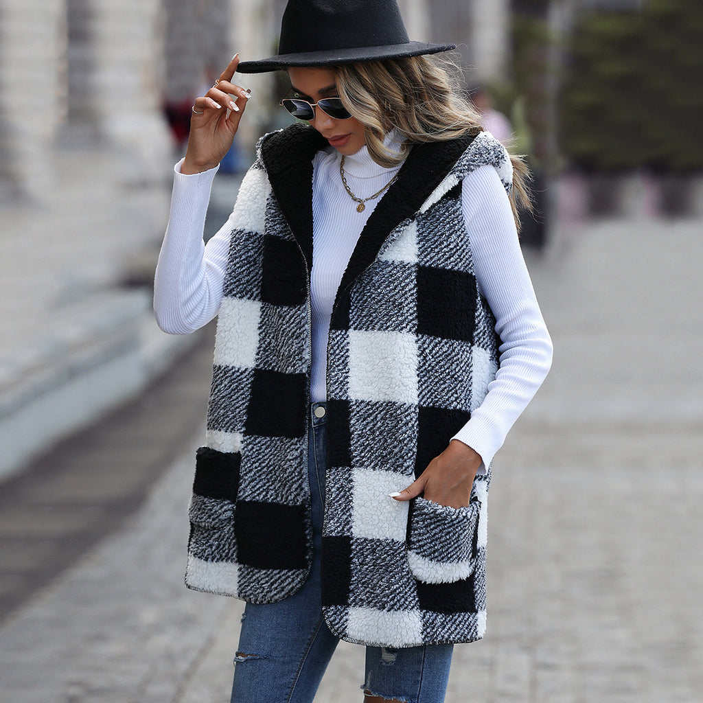 Hooded Plaid Plush Sleeveless Coat