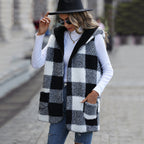 Hooded Plaid Plush Sleeveless Coat