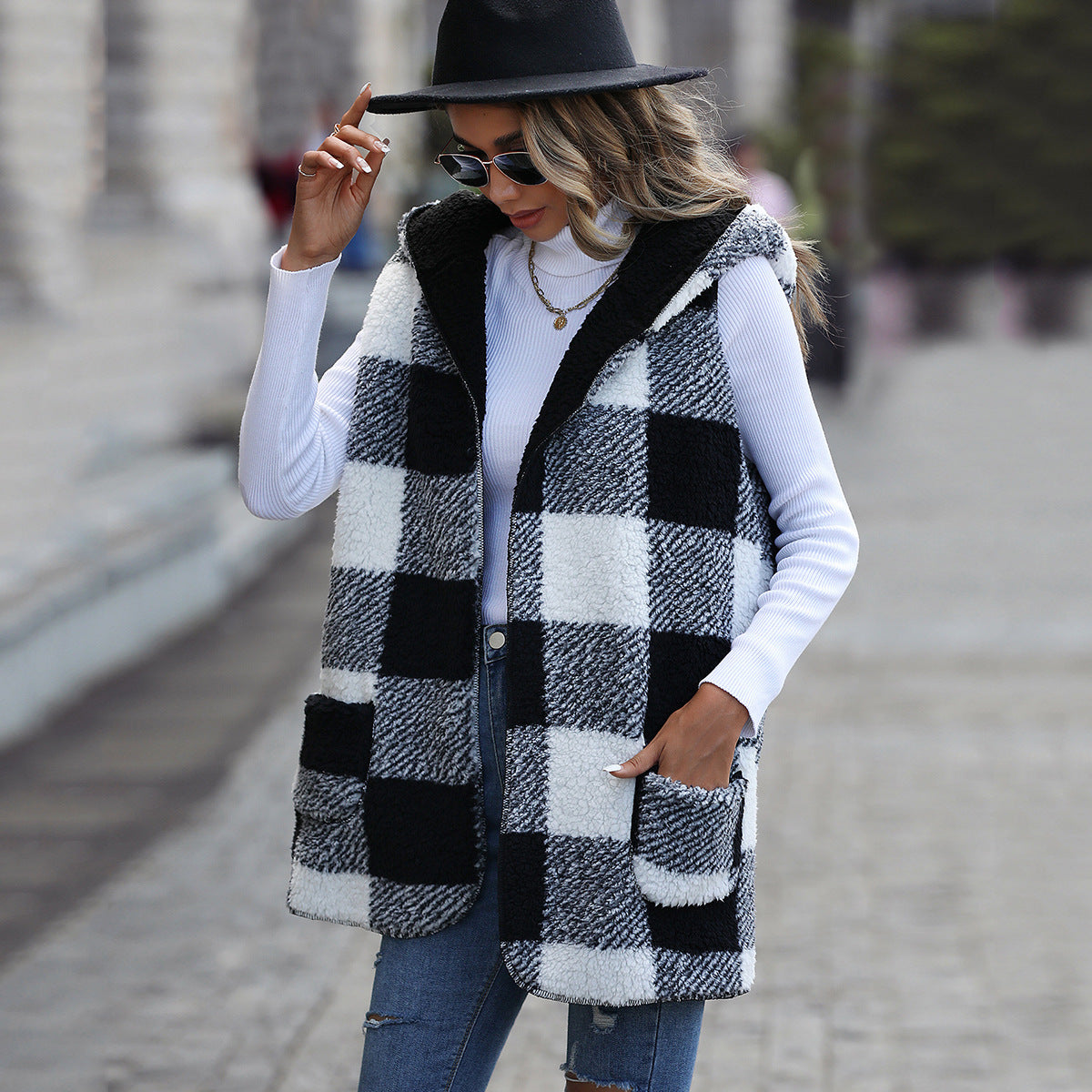 Hooded Plaid Plush Sleeveless Coat