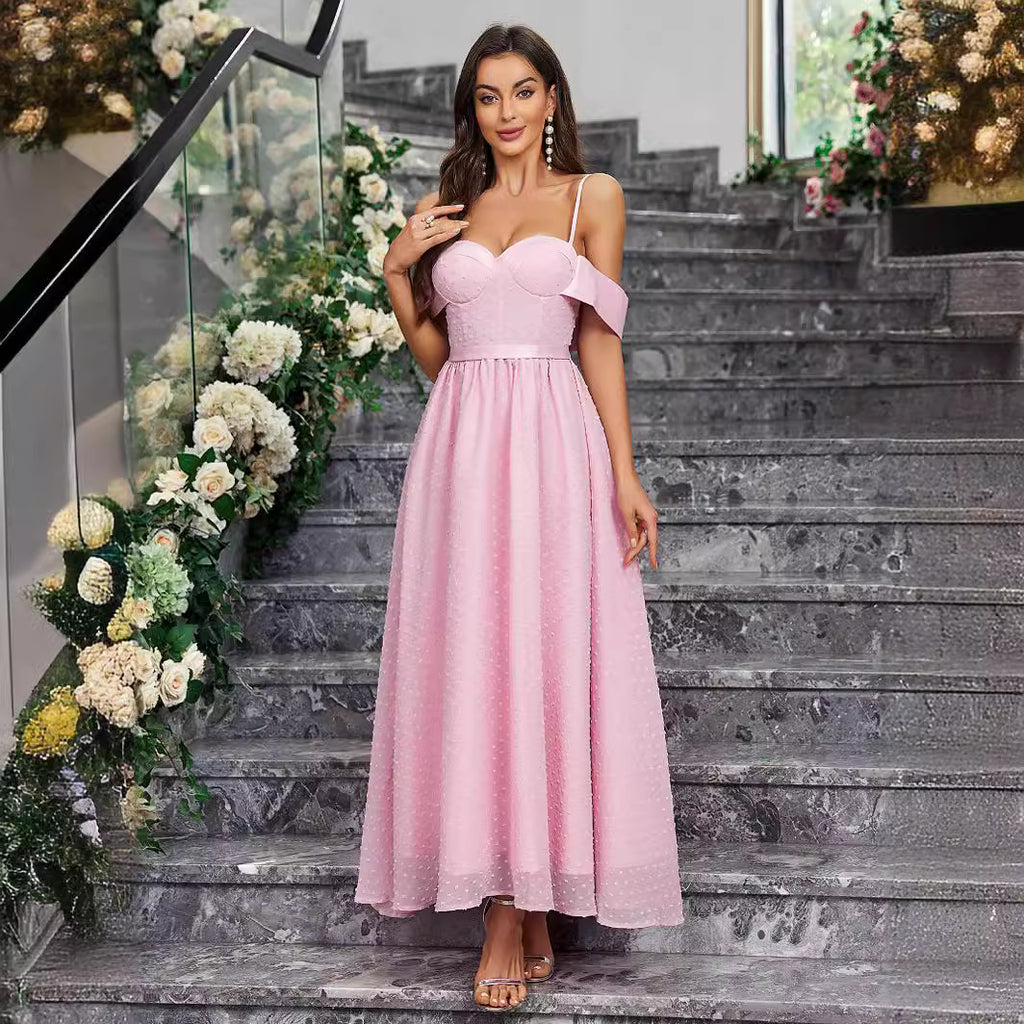 Women's Pink Jacquard Spaghetti Strap Formal Dress