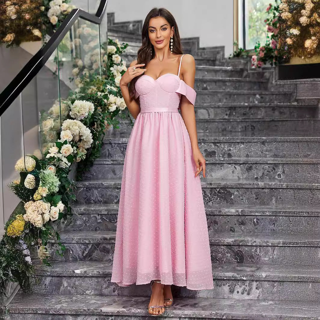 Women's Pink Jacquard Spaghetti Strap Formal Dress