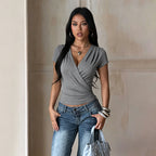Casual Top Summer Cross Collar Design Pockets T shirt for
