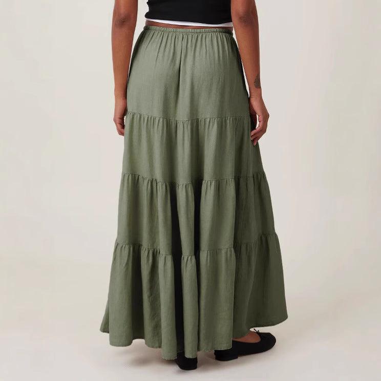 Cotton High Waist Elastic Lace Up Large Swing Loose Skirt