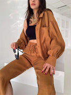 Commuting Spring Summer Polo Collar Shirt Top Split Wide Leg Pants Casual Two-Piece Set