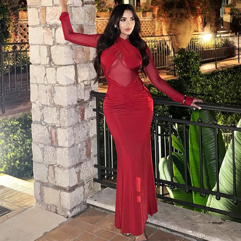 Winter Long Sleeve Solid Color Mesh Cutout Pleated Slim Dress