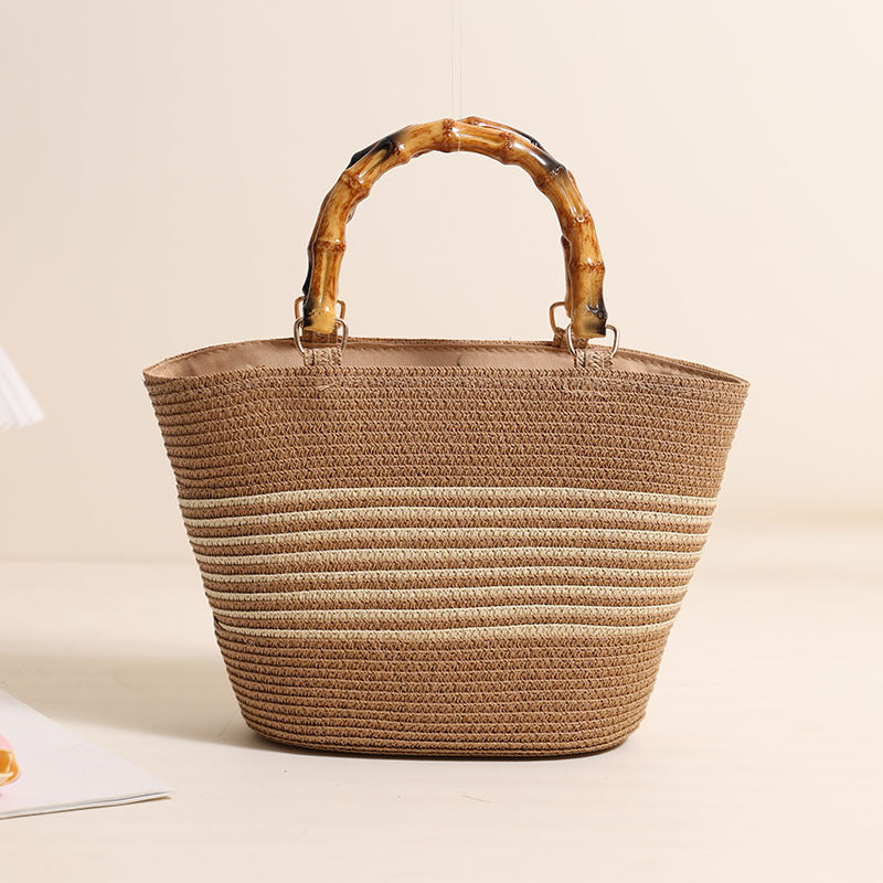 Women's Imitation Bamboo Joint Portable Straw Weaved Bag Elegant Hand Stripe Straw Bag Woven Bag Vacation Beach Bag Women Bag