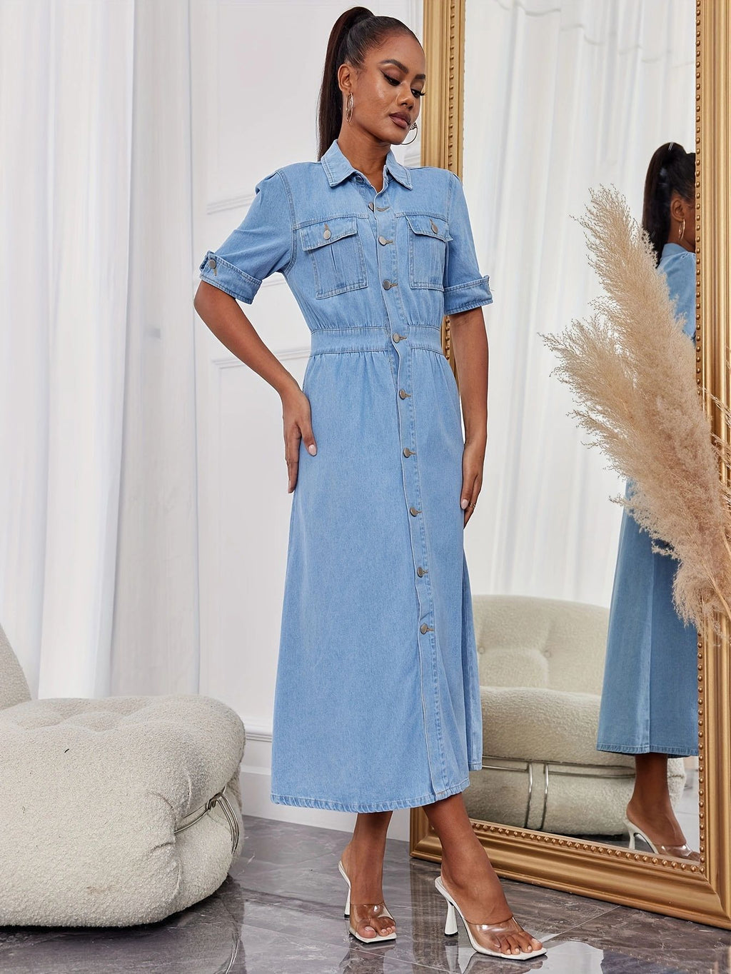Button-Front Denim A-Line Dress