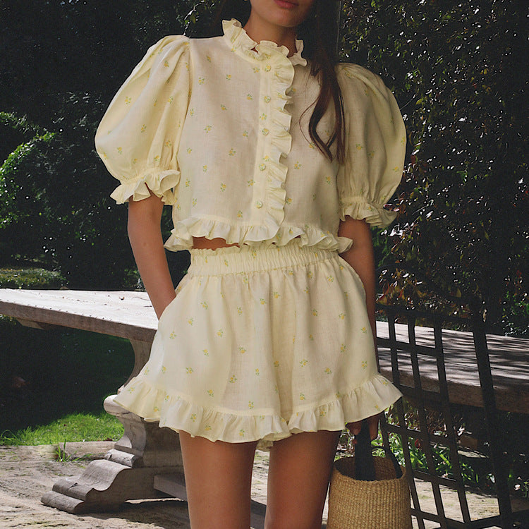 Women's Ruffle Puff-Sleeve Top and Shorts Set