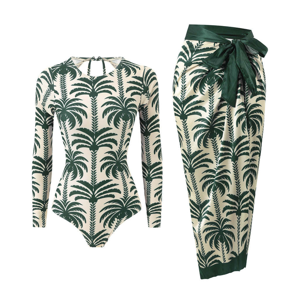 Green and cream palm-print long-sleeve one-piece swimsuit with waist tie