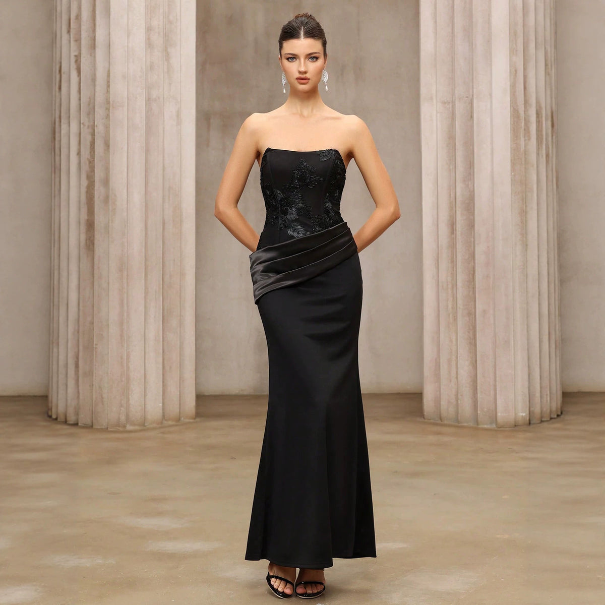 Women Three Dimensional Embroidered Slim Fit Patchwork Slimming Mid Length Party Gathering Evening Dress