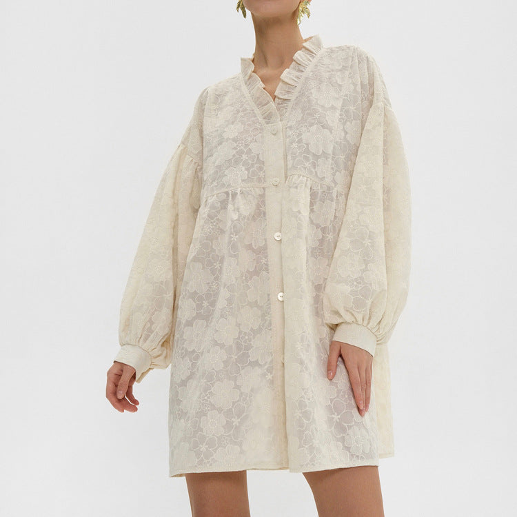 Women's Jacquard Puff-Sleeve Shirt Dress