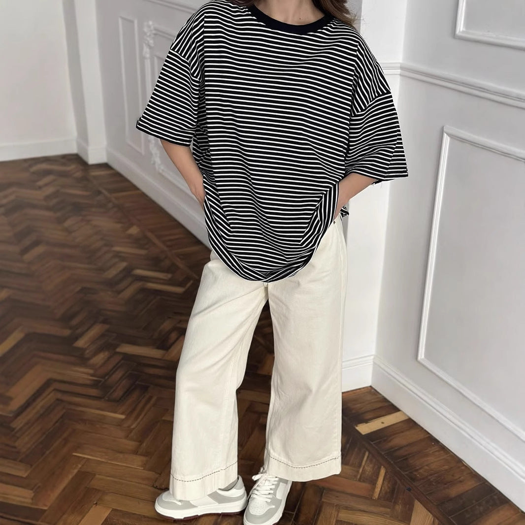 Women's Black White Striped Short Sleeved T Shirt For Women Spring Summer Contrast Color Loose T Shirt Round Neck Casual Top Bottoming Shirt