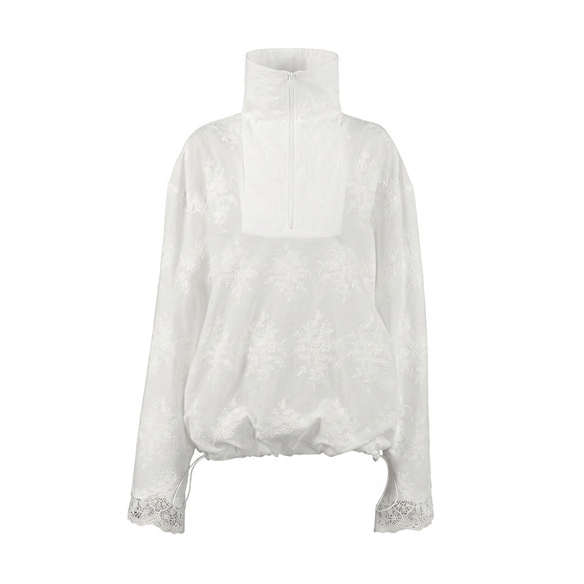 Chinese Cotton Machine Embroidery Stitching Lace Shirt Top Long Sleeve