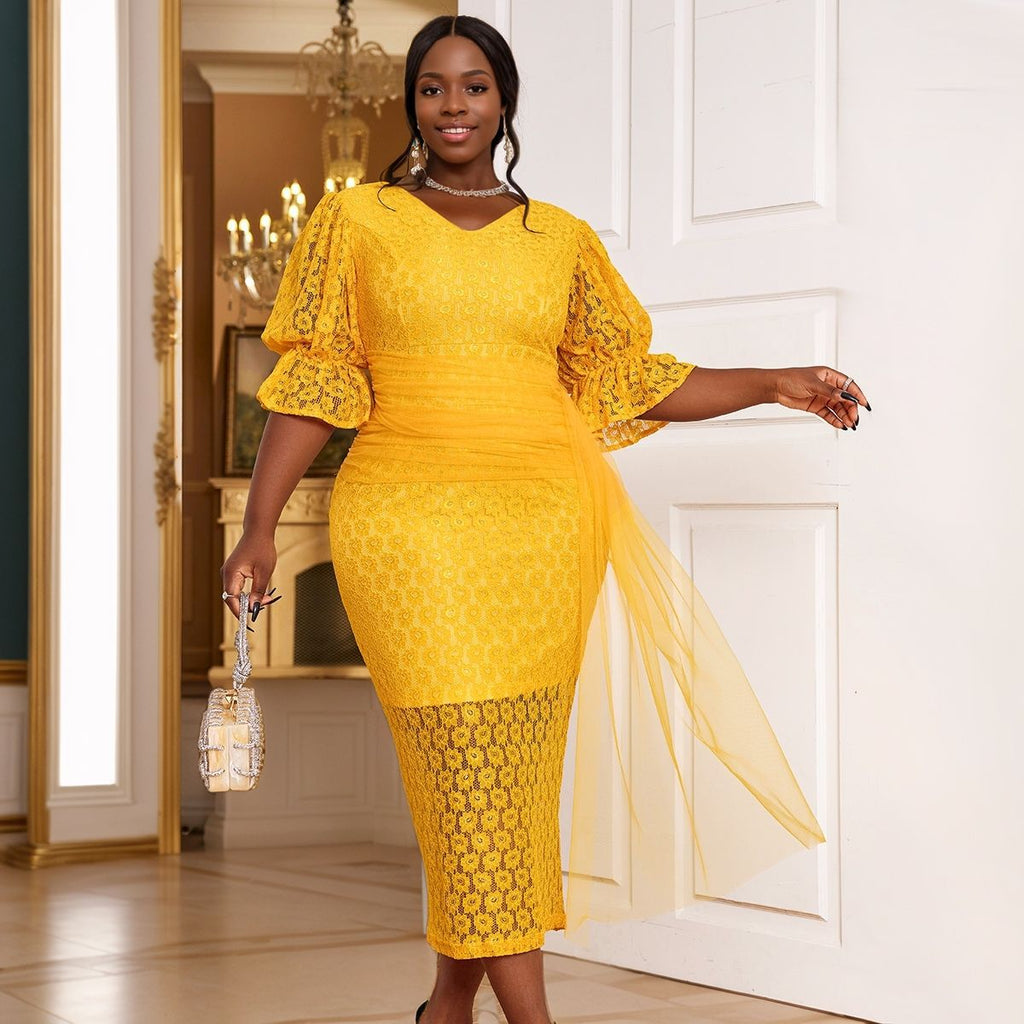 Lace V-Neck Puff-Sleeve Midi Dress