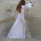 Women's Summer Sexy Backless Long Sleeves See Through Mesh Dress