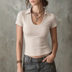 Women Clothing Summer All Match U Shaped Collared Short
