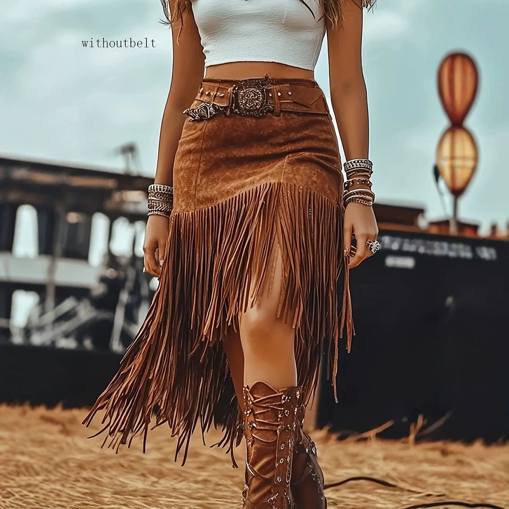 Autumn Tassel A Line Skirt Tassel Stitching Skirt Retro Without A Belt