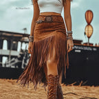 Autumn Tassel A Line Skirt Tassel Stitching Skirt Retro Without A Belt
