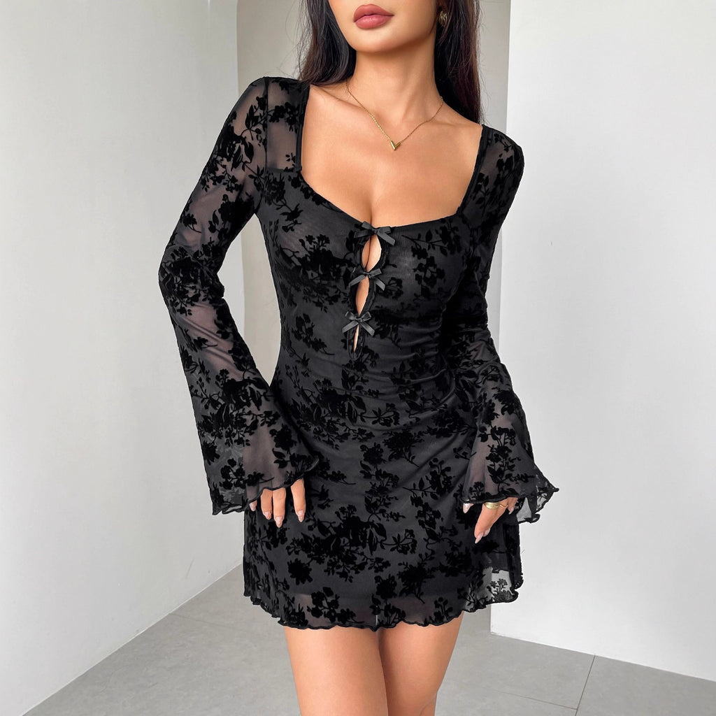 Women's Square-Neck Floral Lace Cutout Long-Sleeve Dress