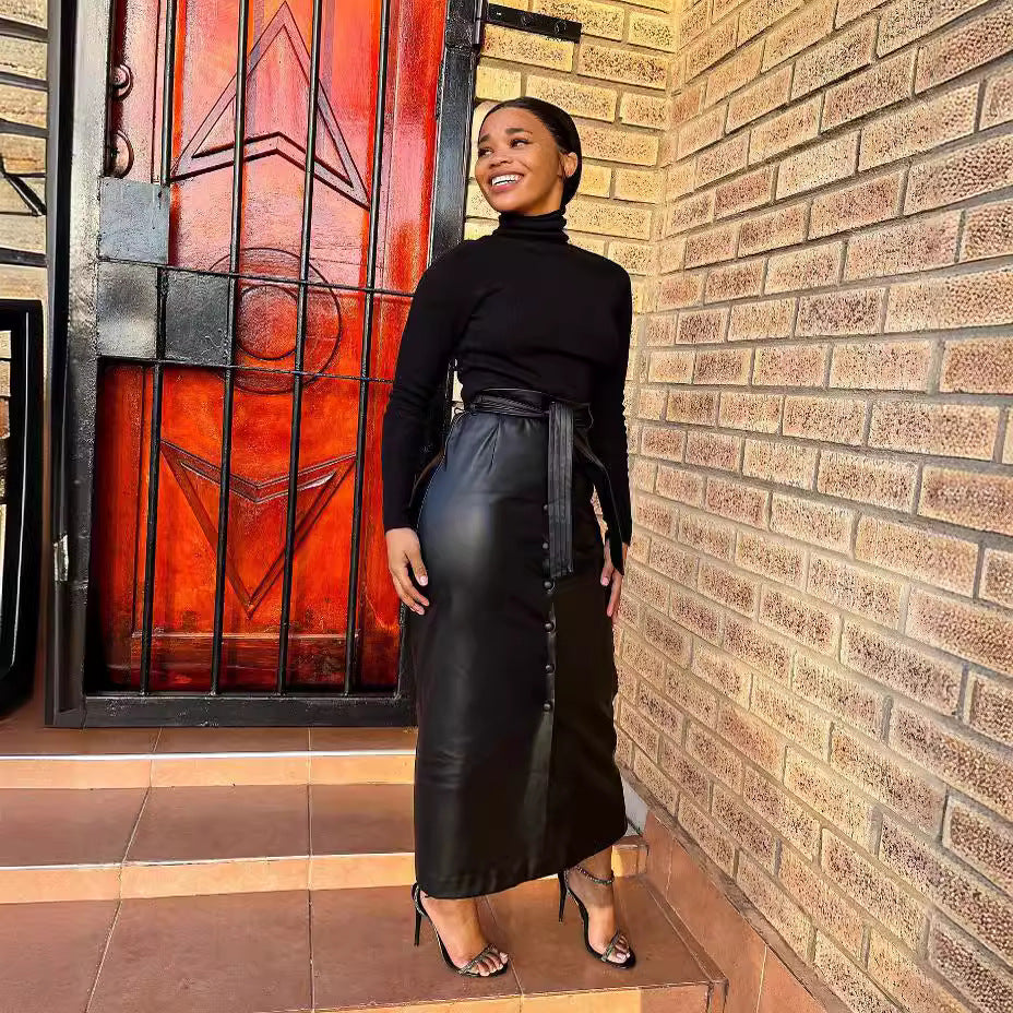 Mid-Length Black Faux Leather Bag Buckle Slit Skirt