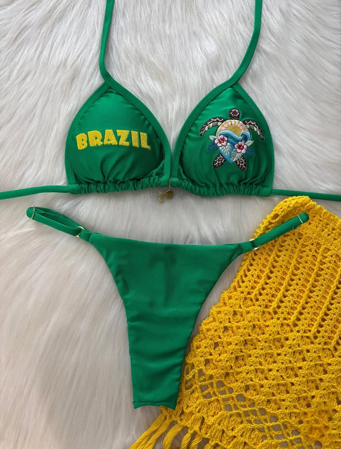 Green triangle bikini swimwear with animal embroidery patch and 'BRAZIL' lettering