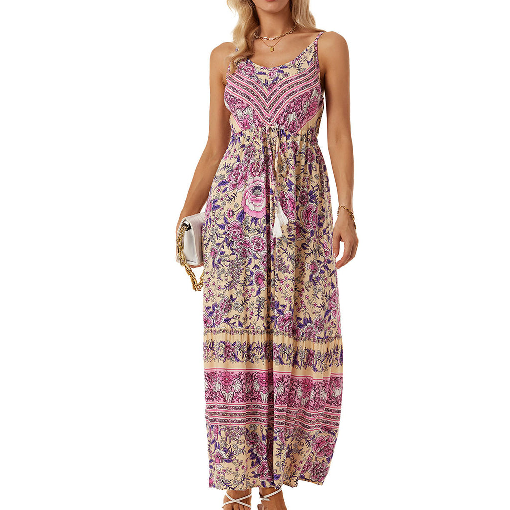 Women's V-Neck Floral Tie Sleeveless Vacation Dress