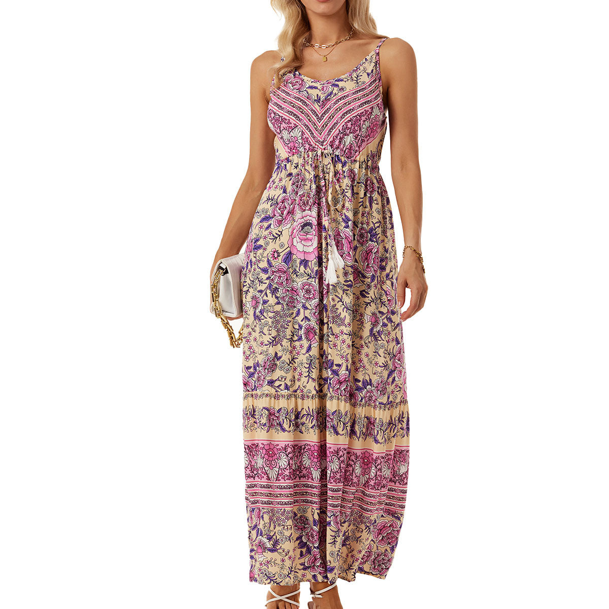 Women's V-Neck Floral Tie Sleeveless Vacation Dress