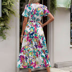 Printed V-Neck Short-Sleeve Midi Dress