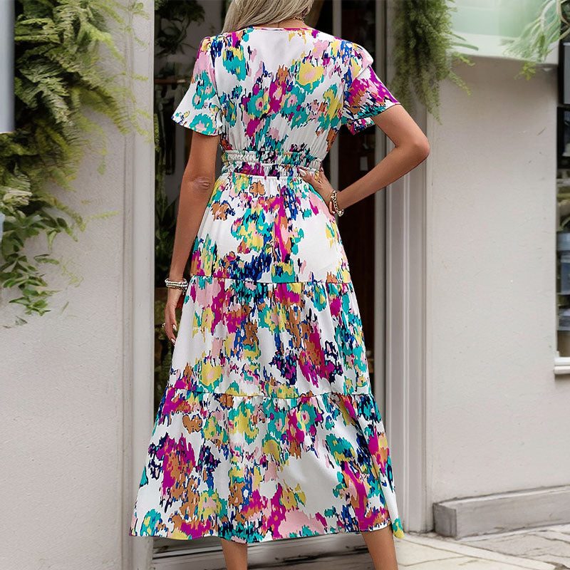Printed V-Neck Short-Sleeve Midi Dress