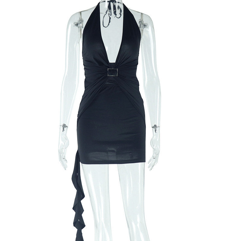 Black halter mini dress on mannequin with V neckline and waist buckle detail