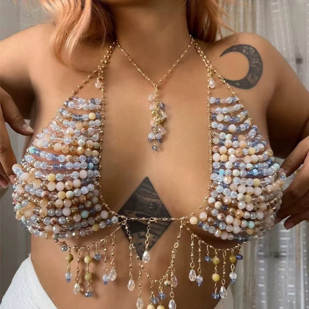 Beaded halter chest vest with multicolor beadwork and long dangling tassel fringe
